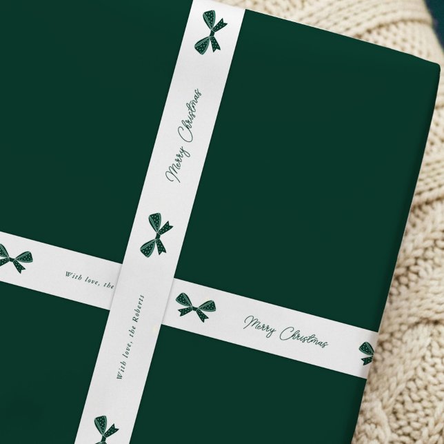 Whimsical Green Bows Merry Christmas Custom Name Satin Ribbon (Green bows elegant Christmas white satin ribbon with your custom name)
