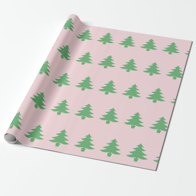 Whimsical Green Christmas Trees on Pink Christmas Wrapping Paper (Unrolled)