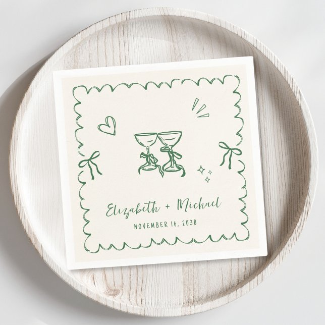 Whimsical Green Cream Wavy Frame Wedding Napkin (Creator Uploaded)