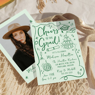 Whimsical Green Doodles Photo Graduation Party Invitation