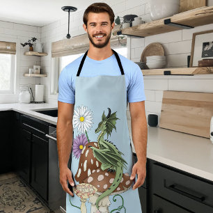 Whimsical Green Fantasy Dragon Mushroom Flowers Apron