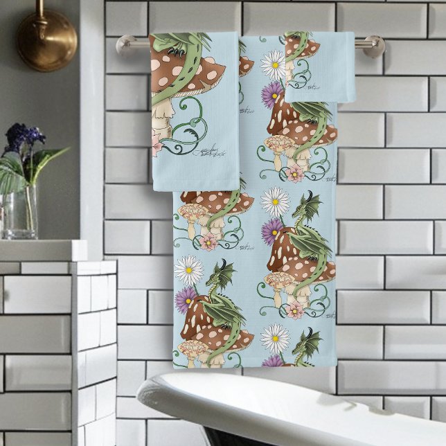 Whimsical Green Fantasy Dragon Mushroom Flowers Bath Towel Set (Creator Uploaded)