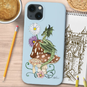 Whimsical Green Fantasy Dragon Mushroom Flowers iPhone 13 Case