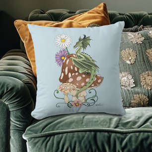 Whimsical Green Fantasy Dragon Mushroom Flowers Cushion