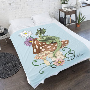 Whimsical Green Fantasy Dragon Mushroom Flowers Fleece Blanket