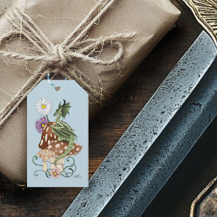 Whimsical Green Fantasy Dragon Mushroom Flowers Gift Tags