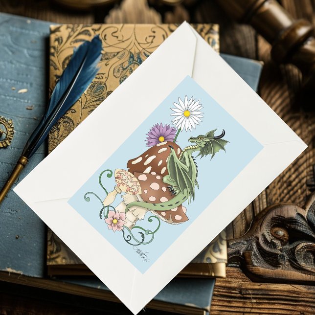 Whimsical Green Fantasy Dragon Mushroom Flowers Rectangular Sticker (Creator Uploaded)