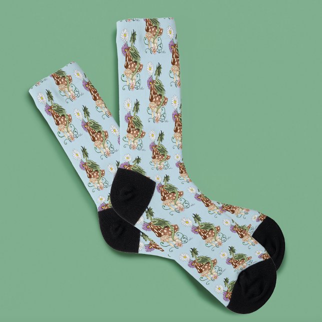Whimsical Green Fantasy Dragon Mushroom Flowers Socks (Creator Uploaded)