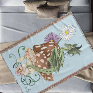Whimsical Green Fantasy Dragon Mushroom Flowers Throw Blanket
