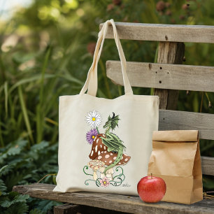 Whimsical Green Fantasy Dragon Mushroom Flowers Tote Bag
