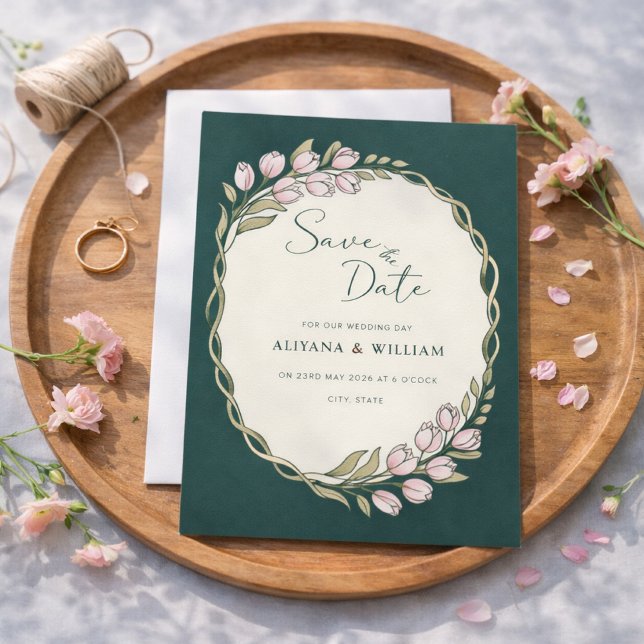 Whimsical Green Floral Border  Save The Date Invitation (Creator Uploaded)