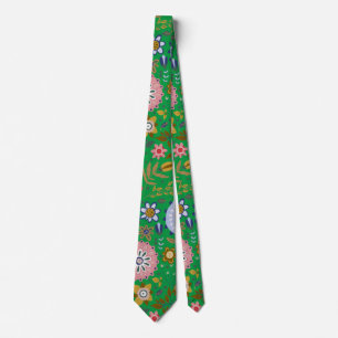 Whimsical Green Folk Art Flowers Tie