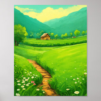 Whimsical Green Grass Field Landscape Painting Poster