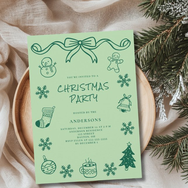 Whimsical Green Hand Drawn Scribble Christmas Invitation (Creator Uploaded)