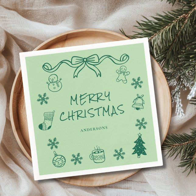 Whimsical  Green Hand Drawn Scribble Christmas  Napkin (Creator Uploaded)