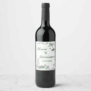 Whimsical Green Hand Drawn Wedding Wine Label