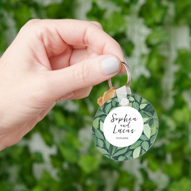 Whimsical Green Leaves Wedding Key Ring (Hand)