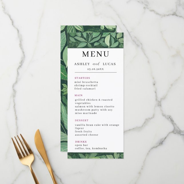 Whimsical Green Leaves Wedding Menu (Front/Back In Situ)