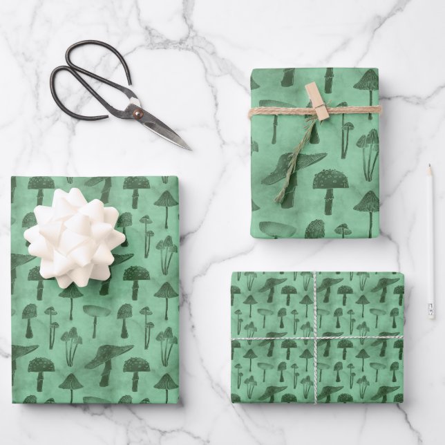 Whimsical Green Mushroom Wrapping Paper Sheet (Front)