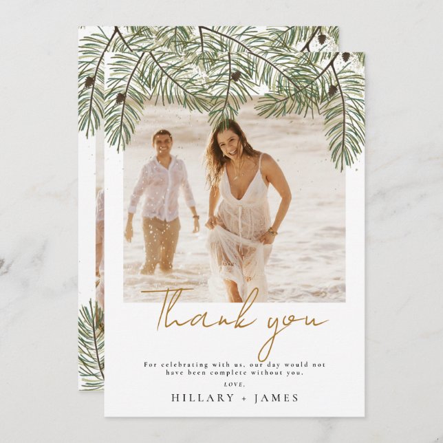 Whimsical Green Pine Photo Wedding Thank you card (Front/Back)