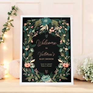 Whimsical Green Pink Floral Welcome Baby Shower Poster