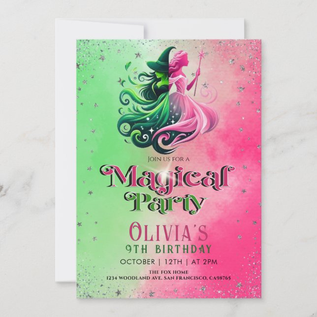 Whimsical Green & Pink Witch birthday Invitation (Front)