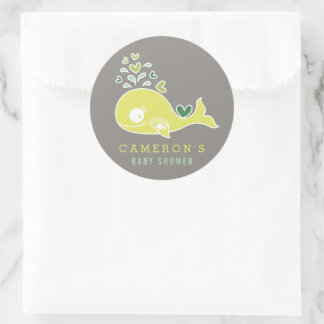 Whimsical Green Pregnant Mummy Whale Baby Shower Classic Round Sticker