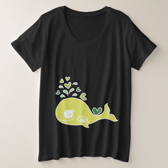 Whimsical Green Pregnant Mummy Whale With Baby Plus Size T-Shirt (Design Front)