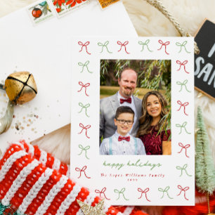 Whimsical Green & Red Hand Drawn Bows Frame Photo Holiday Card