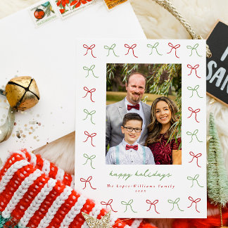 Whimsical Green & Red Hand Drawn Bows Frame Photo Holiday Card