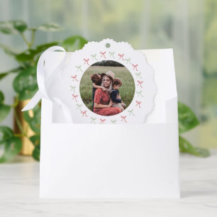 Whimsical Green & Red Hand Drawn Bows Frame Photo Tree Decoration Card