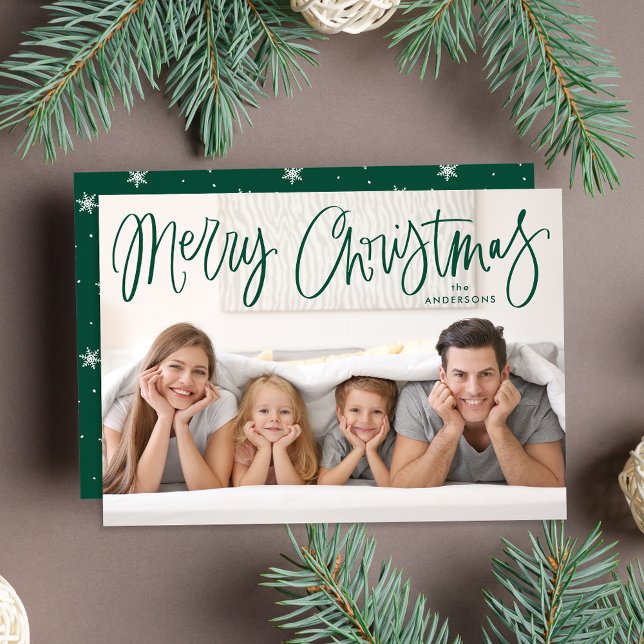 Whimsical Green Script Merry Christmas Photo Holiday Card (Creator Uploaded)