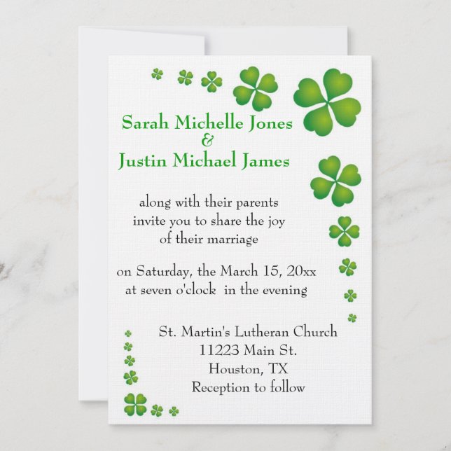 Whimsical Green Shamrock Wedding Invitation (Front)