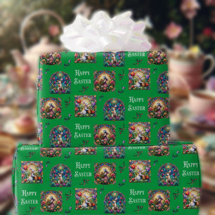 Whimsical Green Stained Glass Easter Bunny Pattern Wrapping Paper