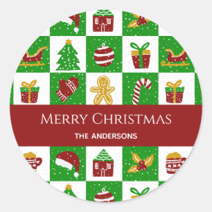 Whimsical Green Tree gingerbread Xmas Custom Name Classic Round Sticker