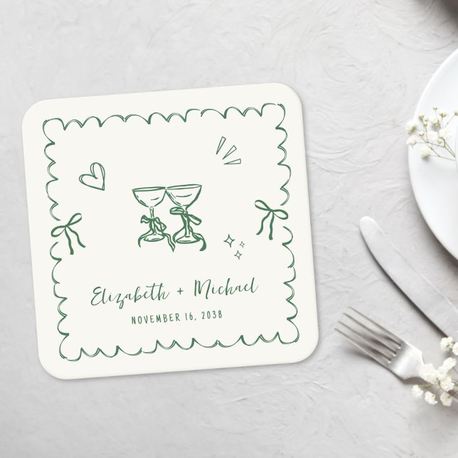 Whimsical Green Wavy Frame Cream Wedding Square Paper Coaster (Whimsical Green Wavy Frame Cream Wedding Square Paper Coaster)