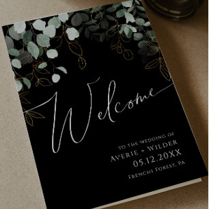 Whimsical Greenery and Gold Black Folded Wedding Programme