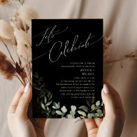 Whimsical Greenery and Gold Black Let's Celebrate