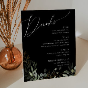 Whimsical Greenery and Gold   Black Wedding Drinks Pedestal Sign