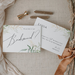 Whimsical Greenery and Gold Bridesmaid Card