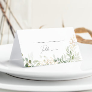 Whimsical Greenery and Gold Folded Wedding Place Card