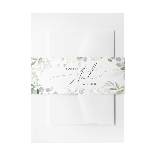 Whimsical Greenery and Gold Invitation Belly Band (Front Example)