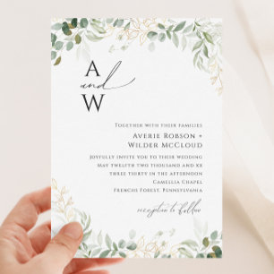 Whimsical Greenery and Gold Monogram Wedding Invitation
