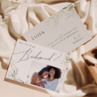 Whimsical Greenery and Gold Photo Bridesmaid Card