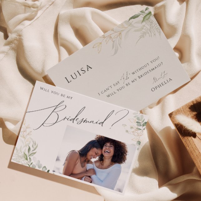 Whimsical Greenery and Gold Photo Bridesmaid Card (Creator Uploaded)