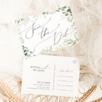Whimsical Greenery and Gold Save The Date Postcard
