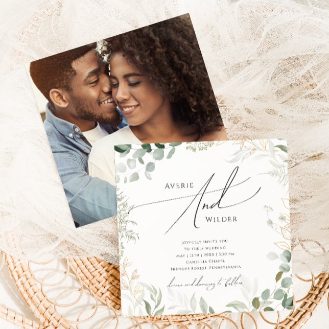 Whimsical Greenery and Gold Square Photo Wedding Invitation (Creator Uploaded)