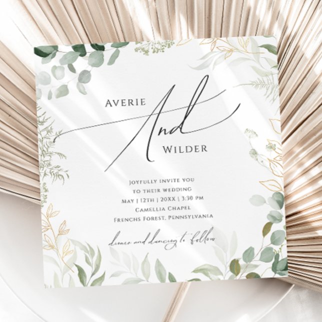Whimsical Greenery and Gold Square Wedding Invitation (Creator Uploaded)