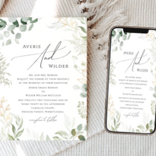Whimsical Greenery and Gold Traditional Wedding Invitation