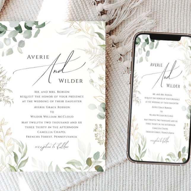 Whimsical Greenery and Gold Traditional Wedding Invitation (Creator Uploaded)